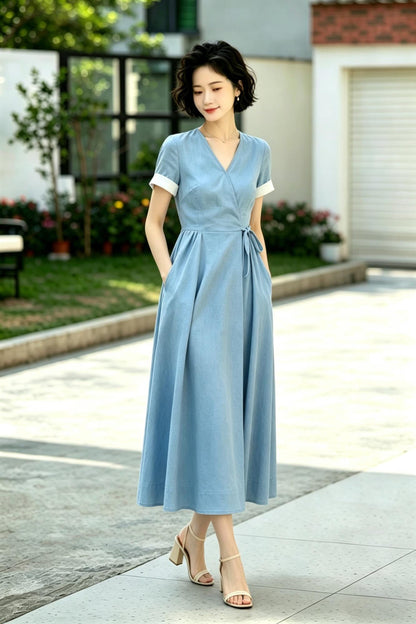 French Retro Blue Linen Wrap Dress - Midi Swing Dress with Pockets - Custom Summer Garden Party Dress, Xiaolizi 6790