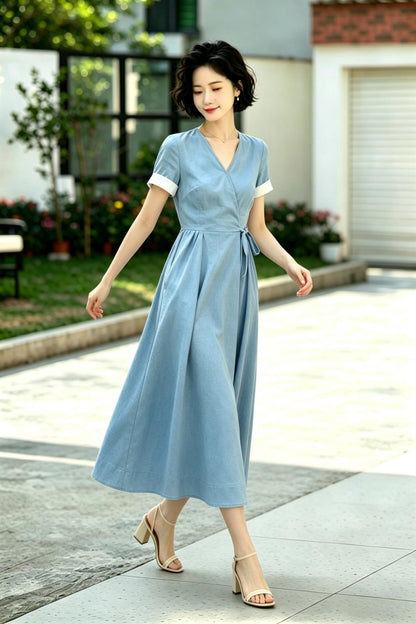 French Retro Blue Linen Wrap Dress - Midi Swing Dress with Pockets - Custom Summer Garden Party Dress, Xiaolizi 6790