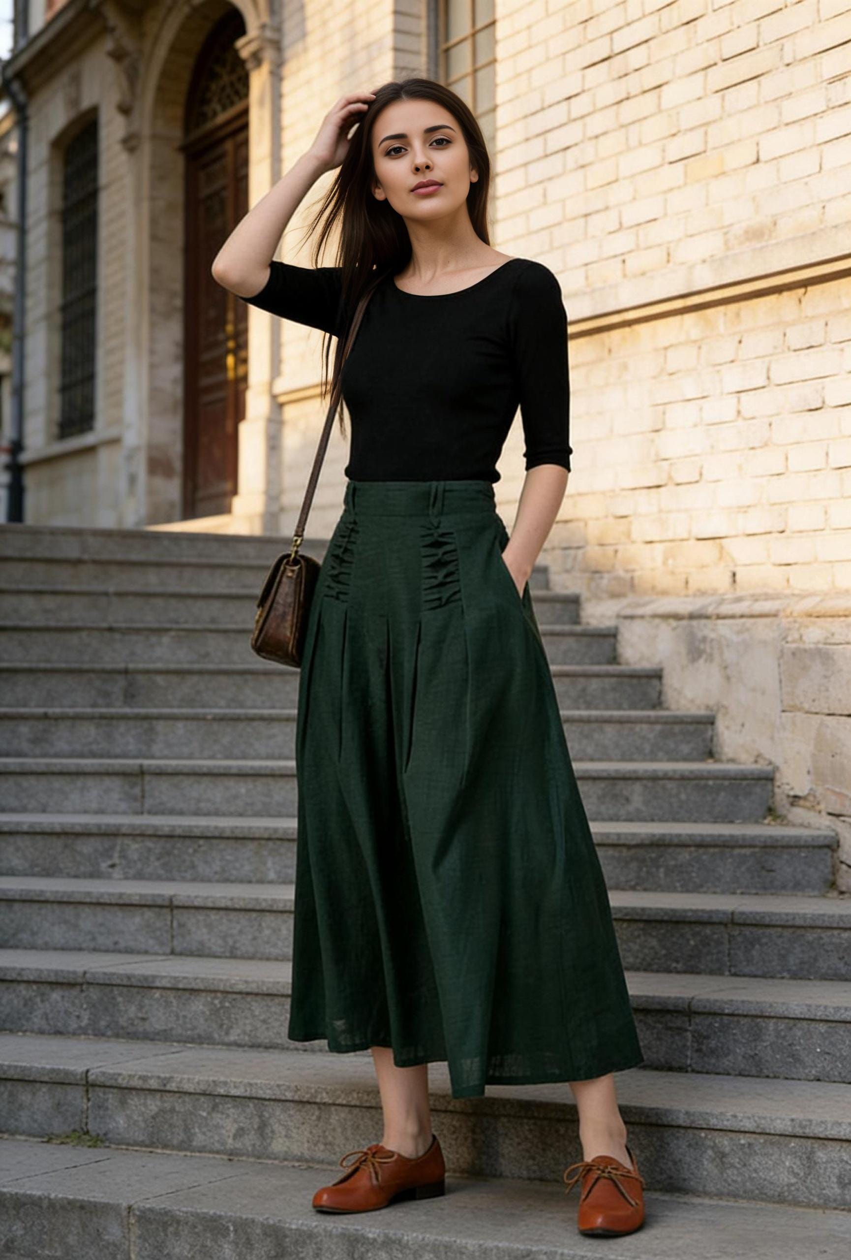 Dark Green Linen Midi Skirt with Pockets, Elastic Back High Waisted Skirt, Side Zipper Cotton Linen A-Line Skirt, Forest Green Gift 1505#