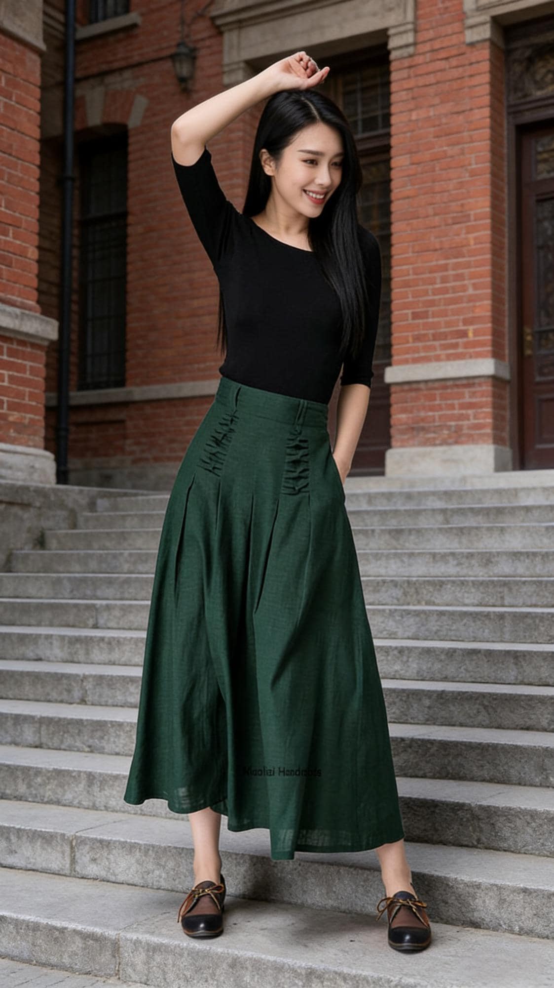 Dark Green Linen Midi Skirt with Pockets, Elastic Back High Waisted Skirt, Side Zipper Cotton Linen A-Line Skirt, Forest Green Gift 1505#