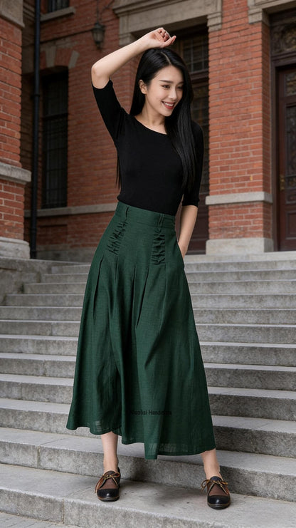 Dark Green Linen Midi Skirt with Pockets, Elastic Back High Waisted Skirt, Side Zipper Cotton Linen A-Line Skirt, Forest Green Gift 1505#
