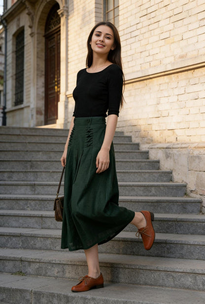 Dark Green Linen Midi Skirt with Pockets, Elastic Back High Waisted Skirt, Side Zipper Cotton Linen A-Line Skirt, Forest Green Gift 1505#