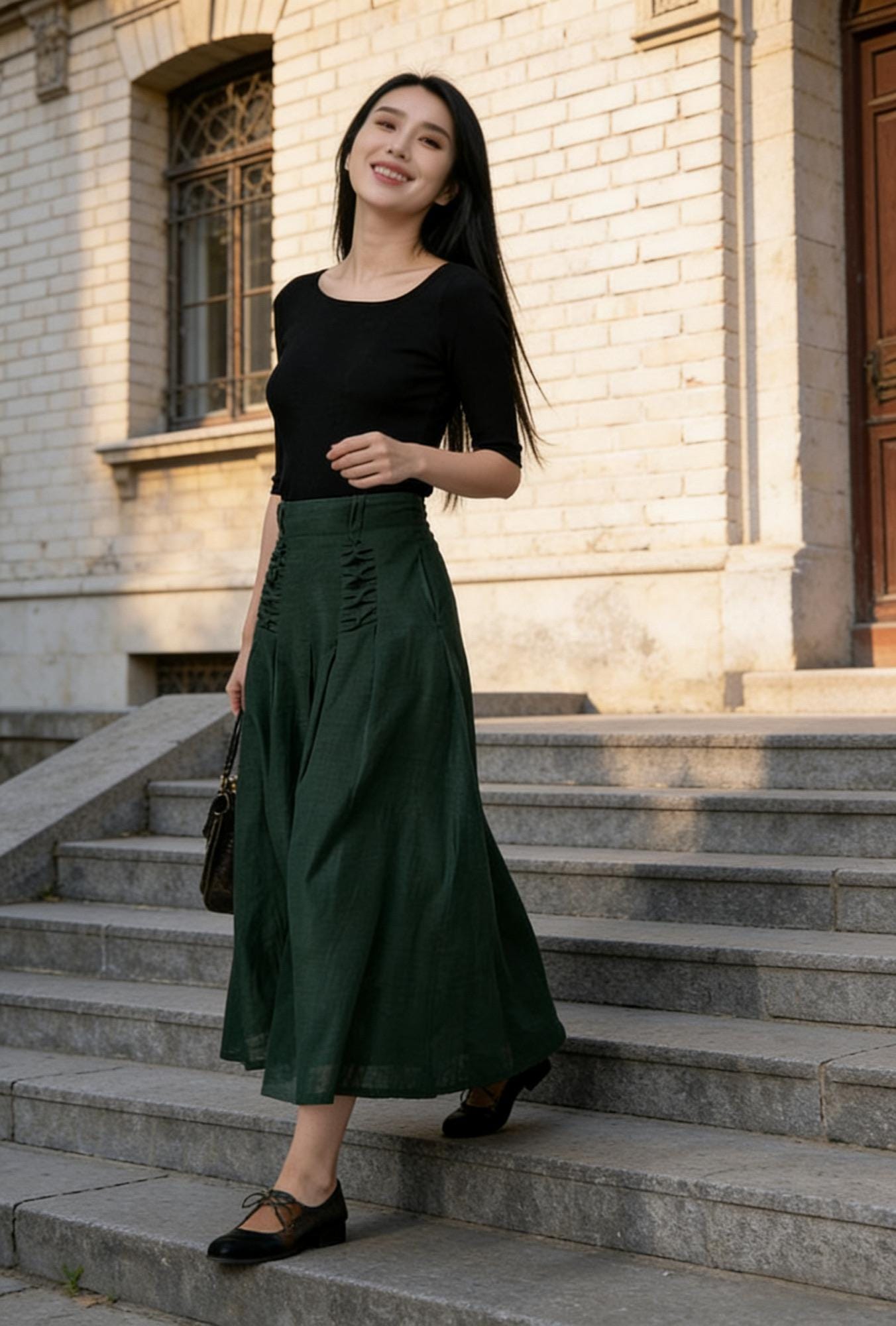 Dark Green Linen Midi Skirt with Pockets, Elastic Back High Waisted Skirt, Side Zipper Cotton Linen A-Line Skirt, Forest Green Gift 1505#