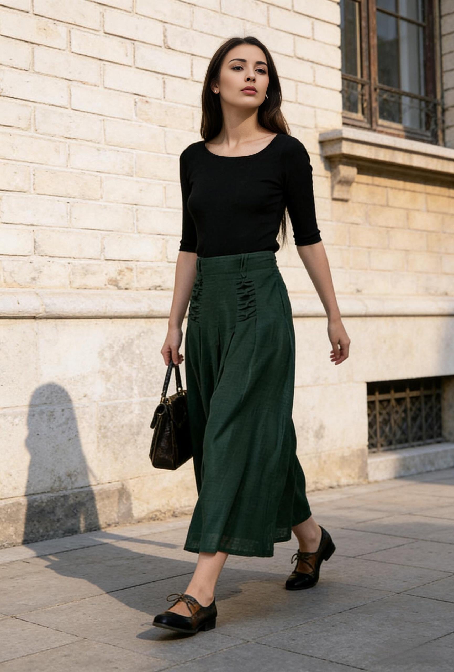 Dark Green Linen Midi Skirt with Pockets, Elastic Back High Waisted Skirt, Side Zipper Cotton Linen A-Line Skirt, Forest Green Gift 1505#