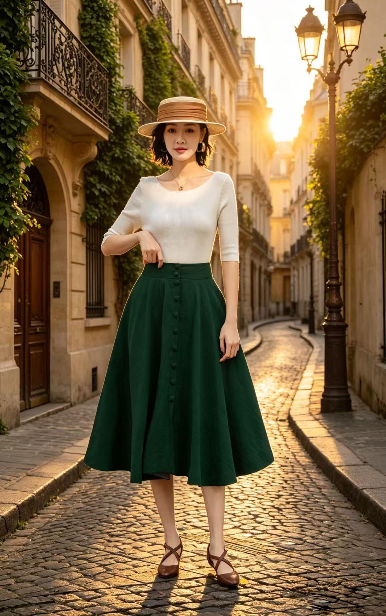 Dark Green Midi Linen Skirt, Button Front High Waist Circle Skirt with Pockets, Travel Breezy Summer A-Line Skirt, Xiaolizi 6809