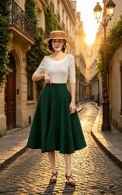Dark Green Midi Linen Skirt, Button Front High Waist Circle Skirt with Pockets, Travel Breezy Summer A-Line Skirt, Xiaolizi 6809