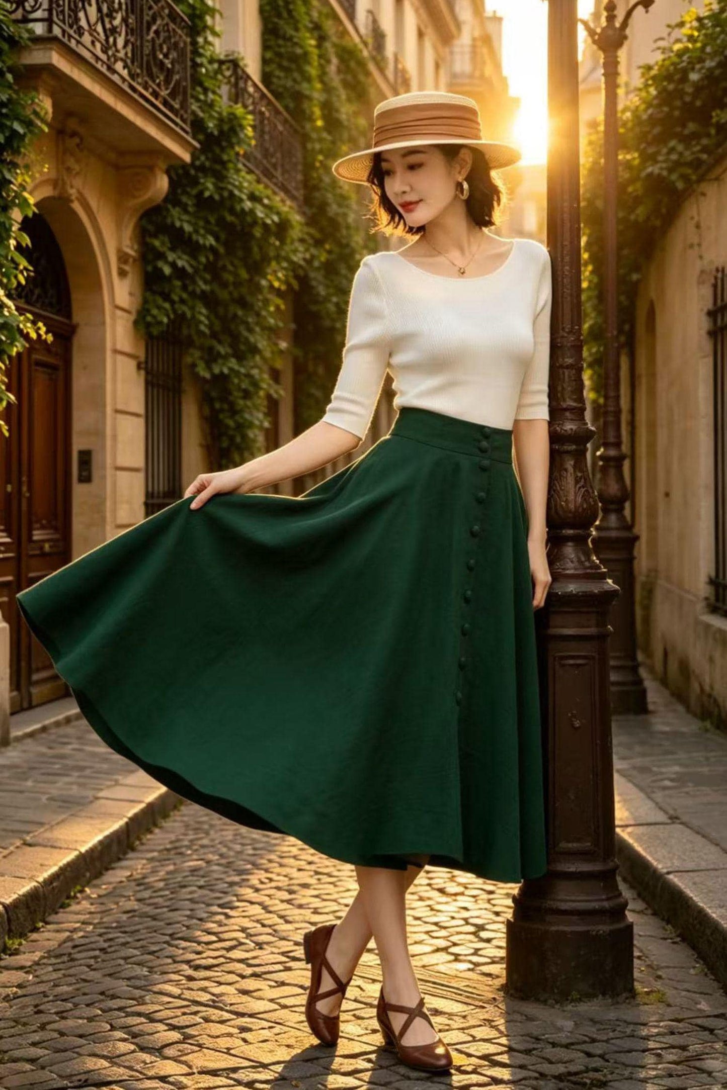 Dark Green Midi Linen Skirt, Button Front High Waist Circle Skirt with Pockets, Travel Breezy Summer A-Line Skirt, Xiaolizi 6809