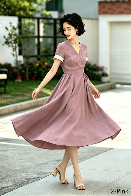 French Retro Blue Linen Wrap Dress - Midi Swing Dress with Pockets - Custom Summer Garden Party Dress, Xiaolizi 6790