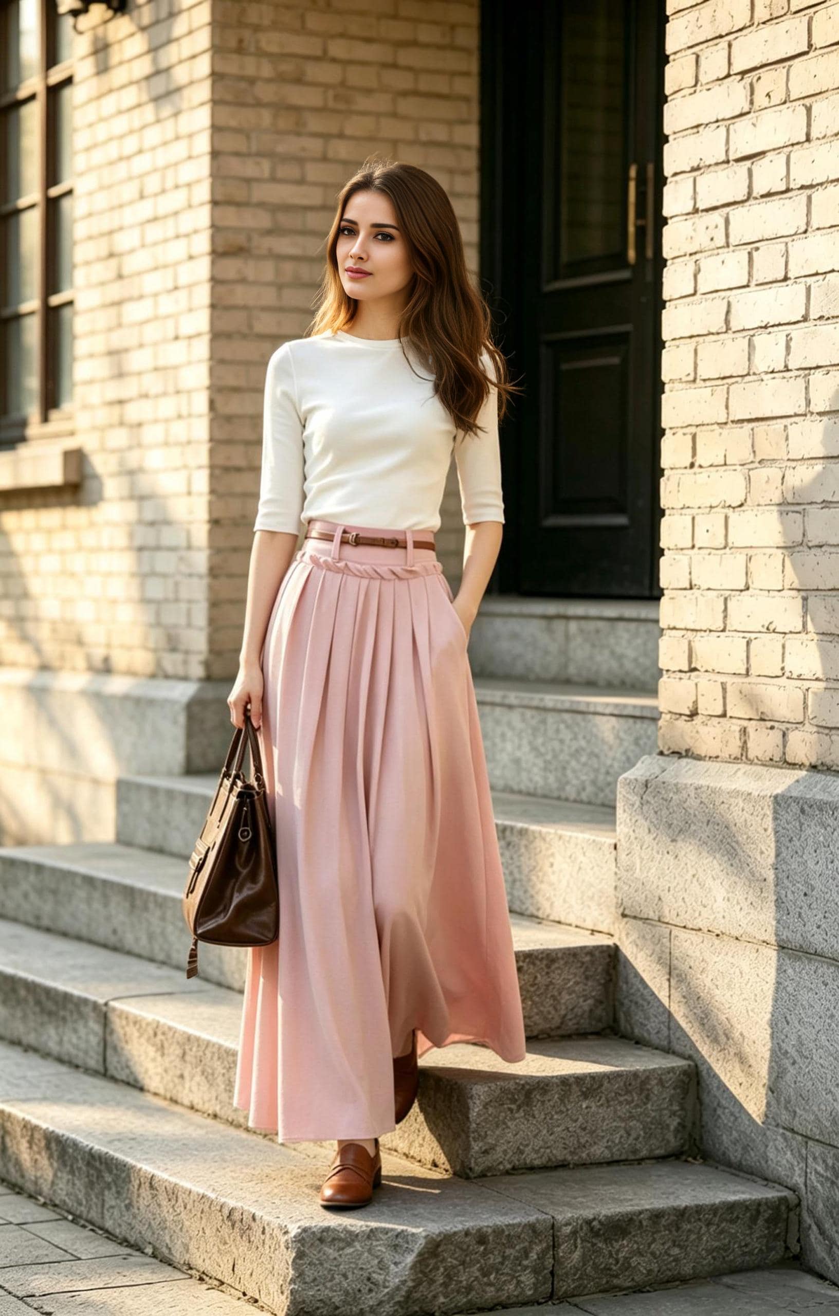 Pink Linen Maxi Skirt with Pockets, High Waisted Pleated Cotton Linen Long Skirt, Dusty Pink Boho Summer Skirt, Xiaolizi 6788