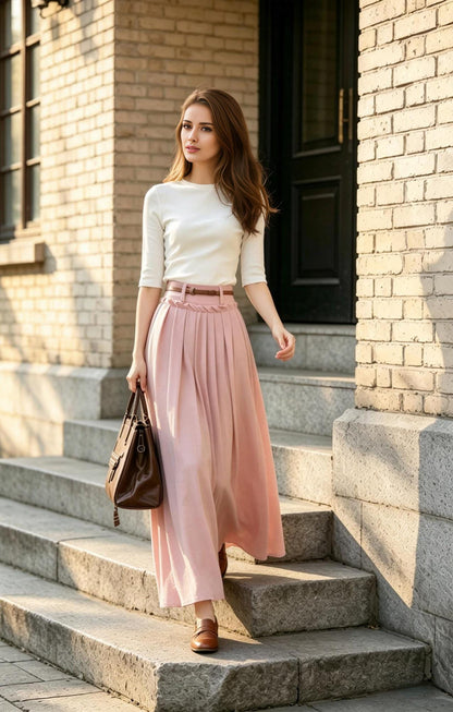 Pink Linen Maxi Skirt with Pockets, High Waisted Pleated Cotton Linen Long Skirt, Dusty Pink Boho Summer Skirt, Xiaolizi 6788