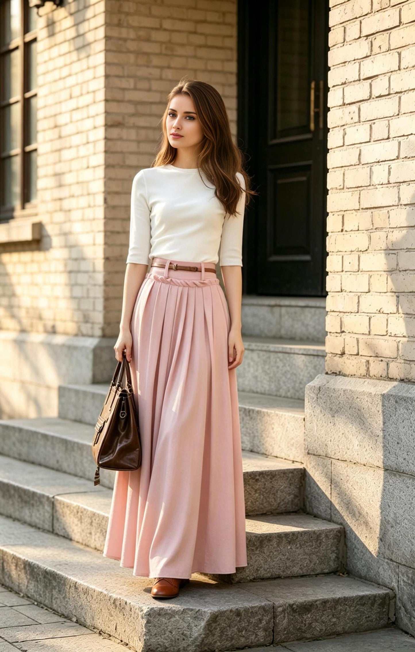 Pink Linen Maxi Skirt with Pockets, High Waisted Pleated Cotton Linen Long Skirt, Dusty Pink Boho Summer Skirt, Xiaolizi 6788