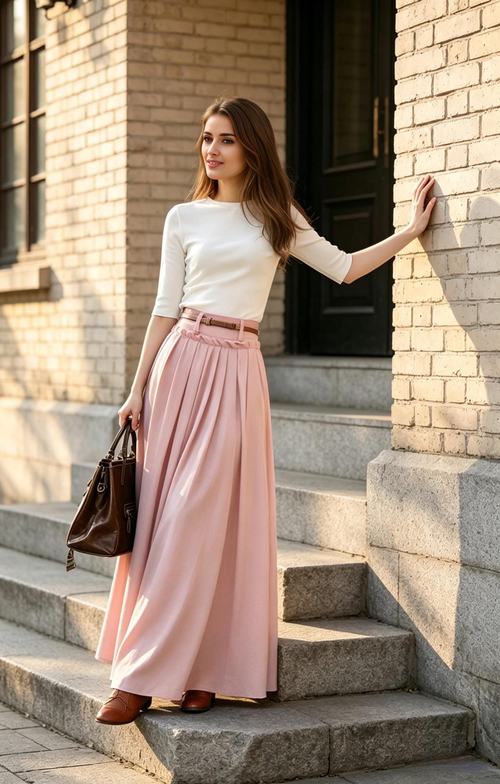 Pink Linen Maxi Skirt with Pockets, High Waisted Pleated Cotton Linen Long Skirt, Dusty Pink Boho Summer Skirt, Xiaolizi 6788