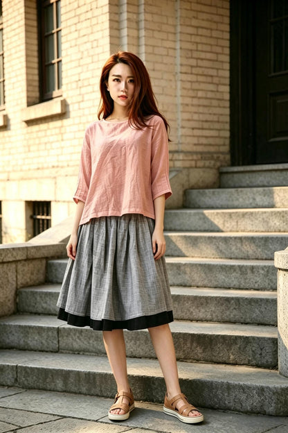 Pink Linen Top, Oversized Loose Blouse, Mori Girl Minimalist Shirt, Breathable Summer Tunic, Boho Casual Short Sleeve Blouse, Xiaolizi 6796#