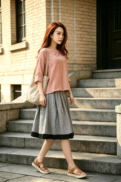 Pink Linen Top, Oversized Loose Blouse, Mori Girl Minimalist Shirt, Breathable Summer Tunic, Boho Casual Short Sleeve Blouse, Xiaolizi 6796#