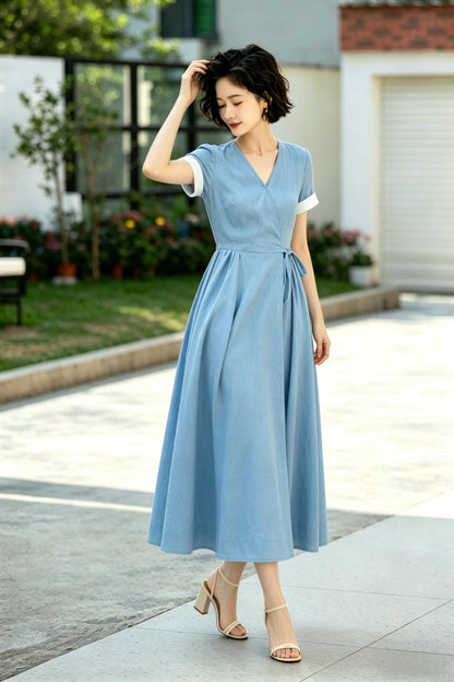 French Retro Blue Linen Wrap Dress - Midi Swing Dress with Pockets - Custom Summer Garden Party Dress, Xiaolizi 6790
