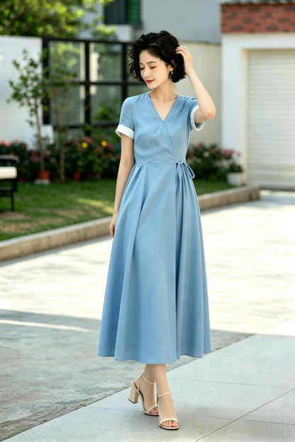 French Retro Blue Linen Wrap Dress - Midi Swing Dress with Pockets - Custom Summer Garden Party Dress, Xiaolizi 6790