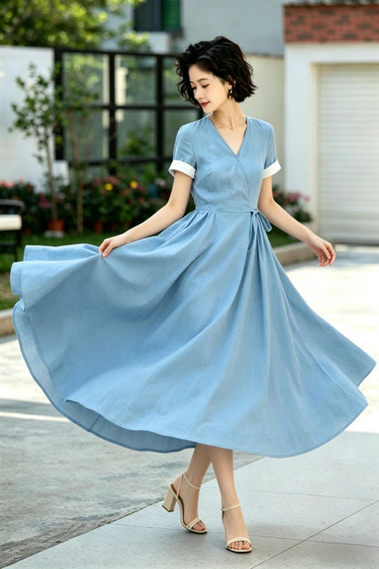 French Retro Blue Linen Wrap Dress - Midi Swing Dress with Pockets - Custom Summer Garden Party Dress, Xiaolizi 6790