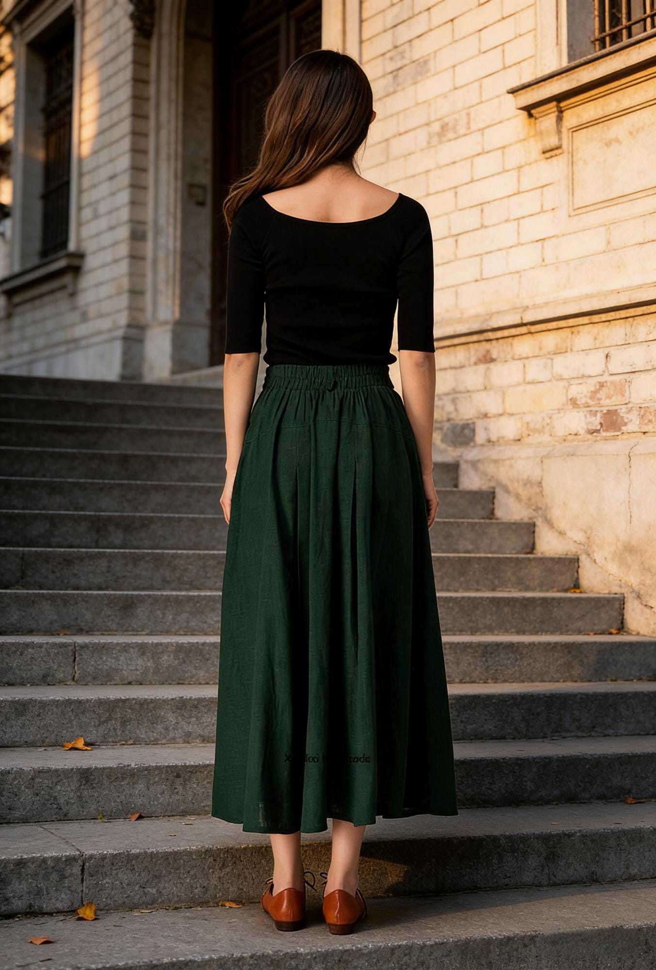 Dark Green Linen Midi Skirt with Pockets, Elastic Back High Waisted Skirt, Side Zipper Cotton Linen A-Line Skirt, Forest Green Gift 1505#