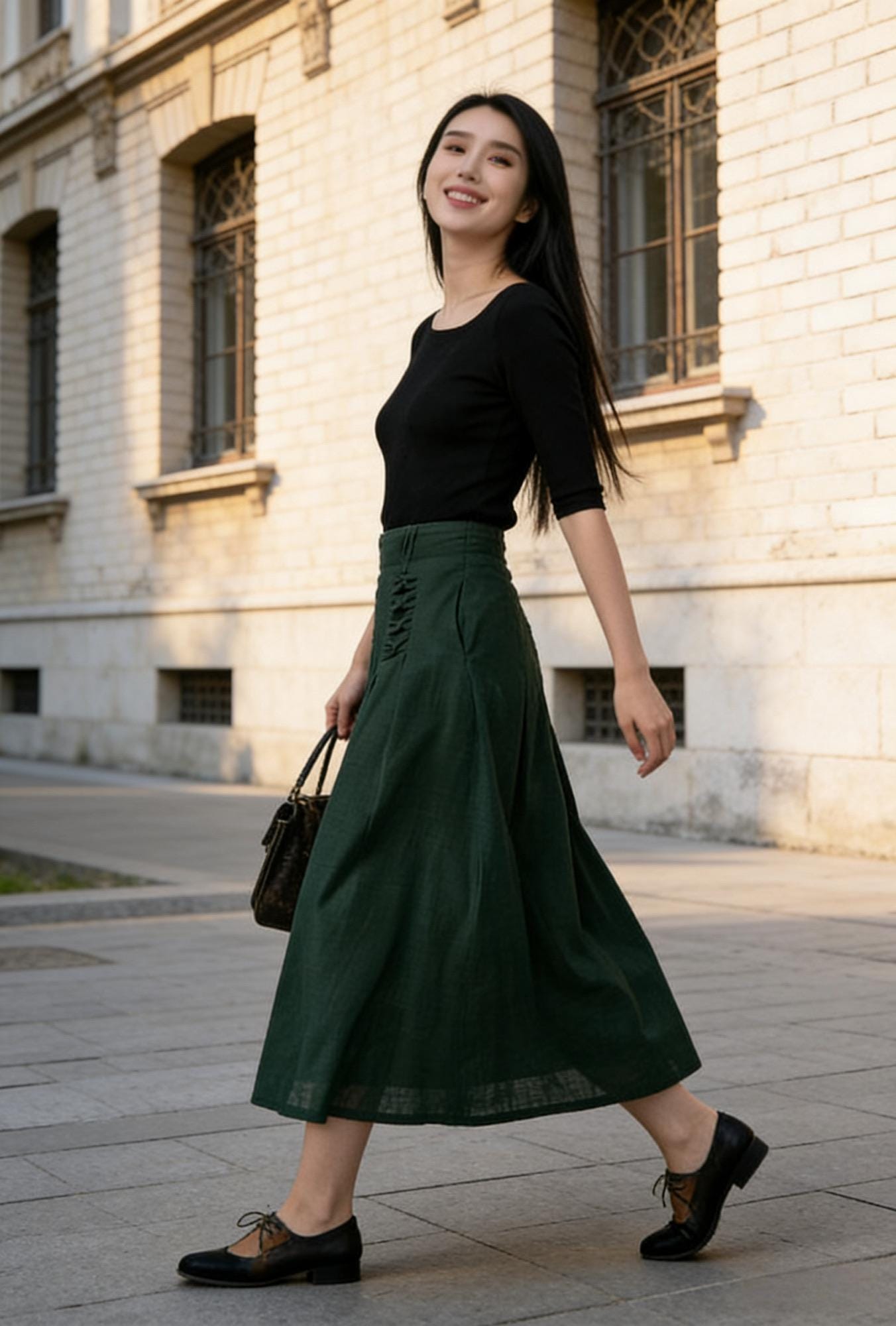 Dark Green Linen Midi Skirt with Pockets, Elastic Back High Waisted Skirt, Side Zipper Cotton Linen A-Line Skirt, Forest Green Gift 1505#