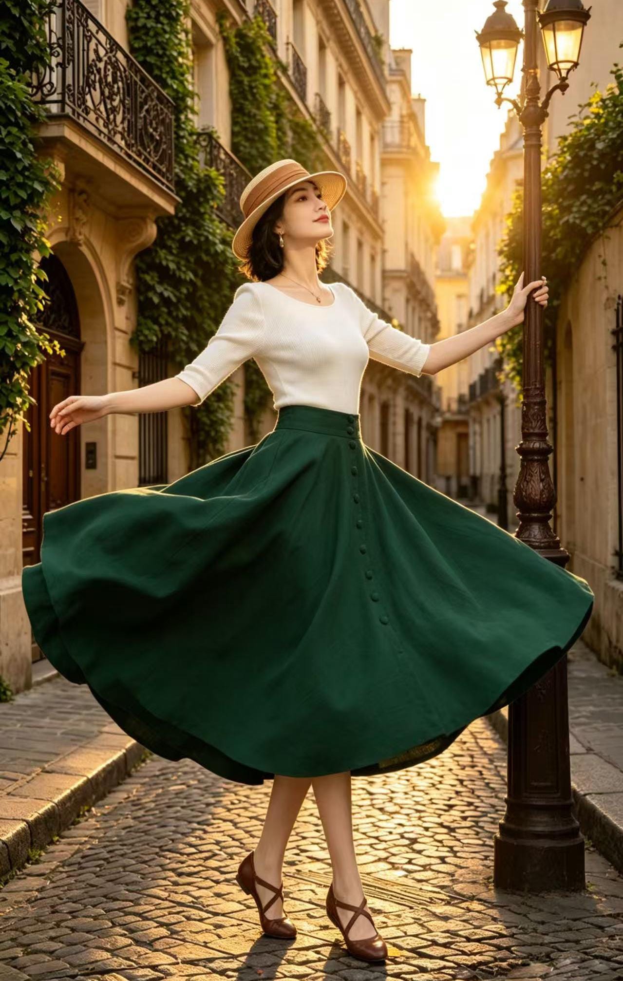 Dark Green Midi Linen Skirt, Button Front High Waist Circle Skirt with Pockets, Travel Breezy Summer A-Line Skirt, Xiaolizi 6809