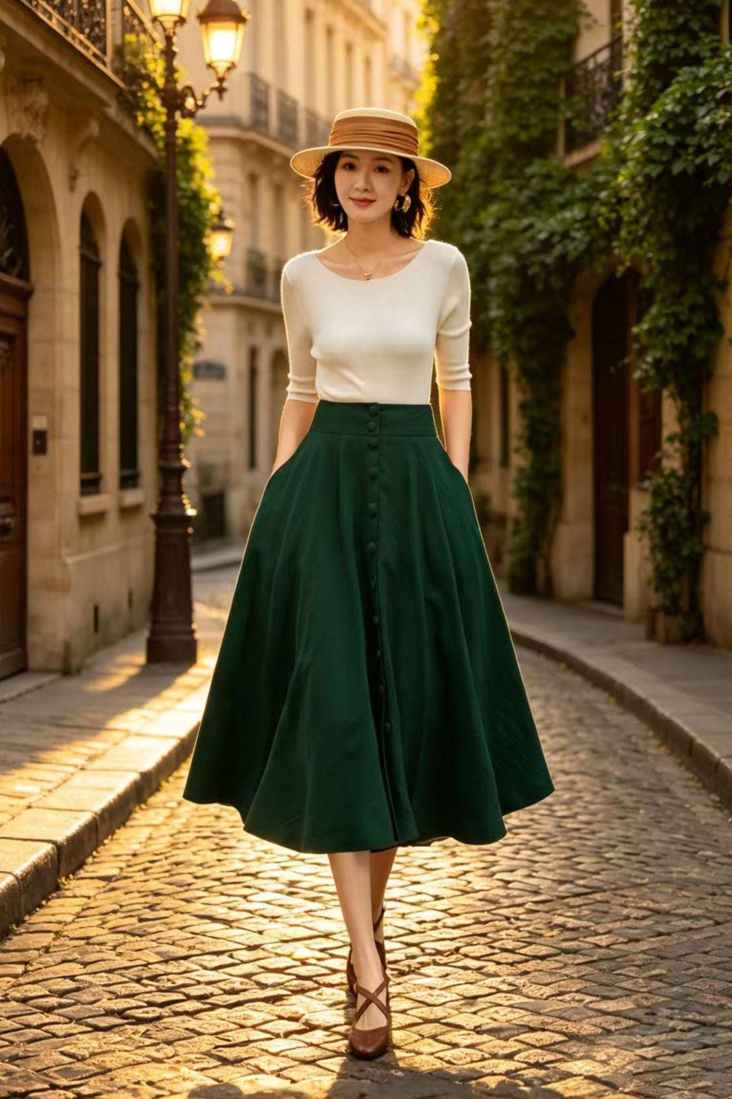 Dark Green Midi Linen Skirt, Button Front High Waist Circle Skirt with Pockets, Travel Breezy Summer A-Line Skirt, Xiaolizi 6809