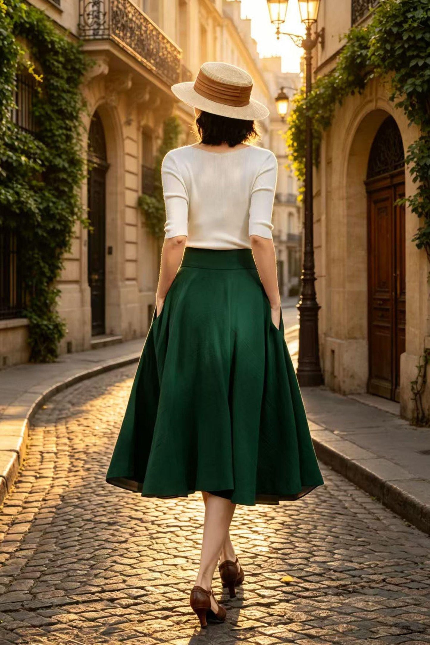Dark Green Midi Linen Skirt, Button Front High Waist Circle Skirt with Pockets, Travel Breezy Summer A-Line Skirt, Xiaolizi 6809