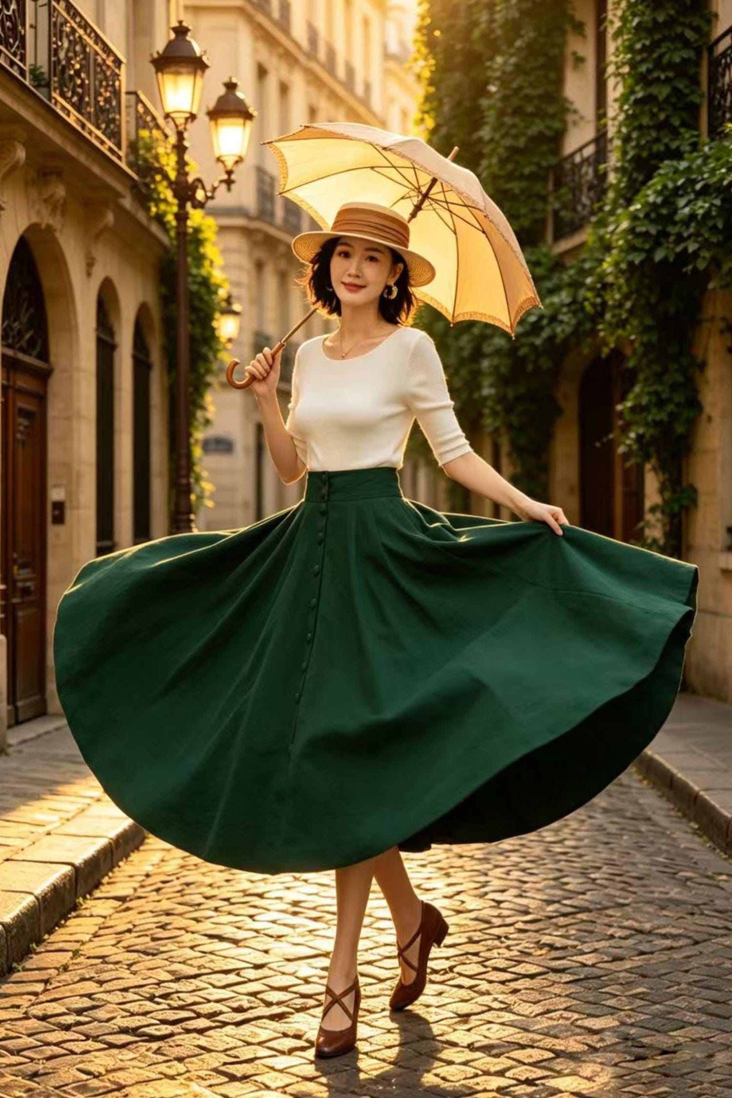Dark Green Midi Linen Skirt, Button Front High Waist Circle Skirt with Pockets, Travel Breezy Summer A-Line Skirt, Xiaolizi 6809
