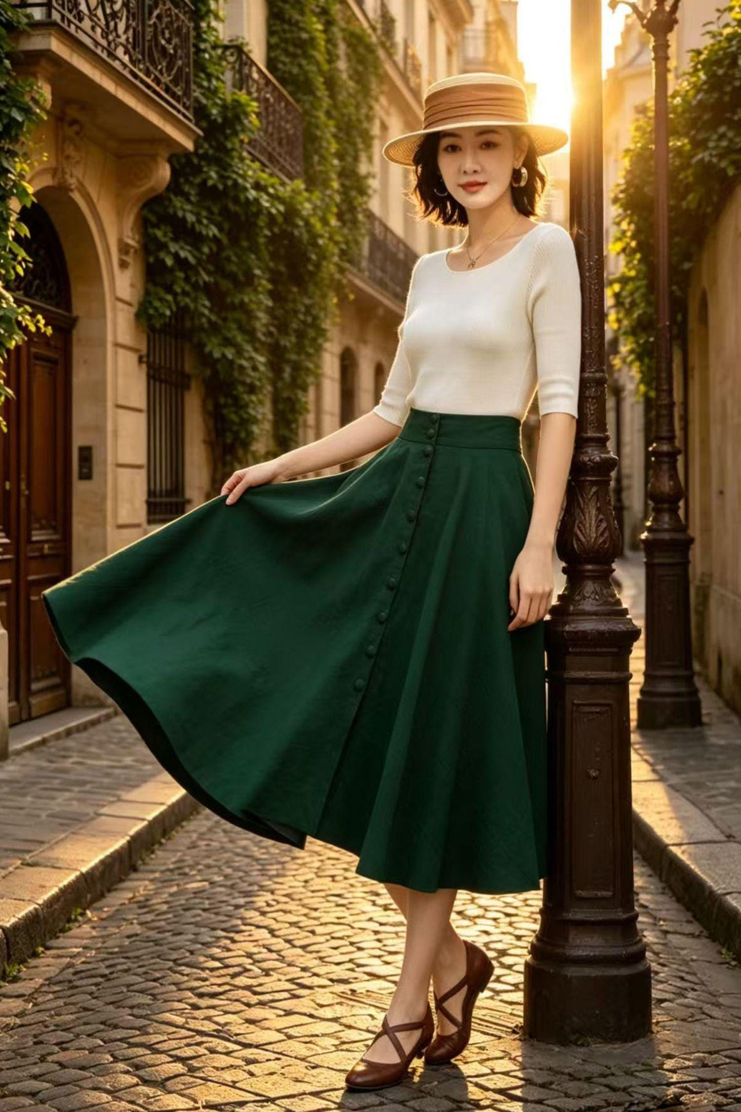 Dark Green Midi Linen Skirt, Button Front High Waist Circle Skirt with Pockets, Travel Breezy Summer A-Line Skirt, Xiaolizi 6809