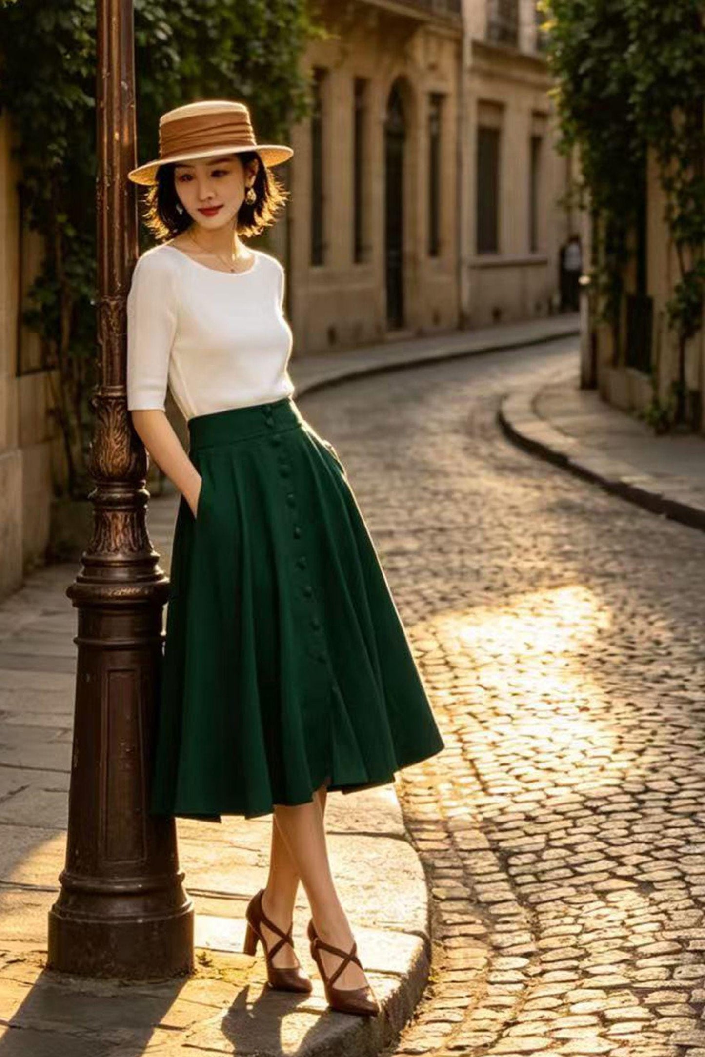 Dark Green Midi Linen Skirt, Button Front High Waist Circle Skirt with Pockets, Travel Breezy Summer A-Line Skirt, Xiaolizi 6809