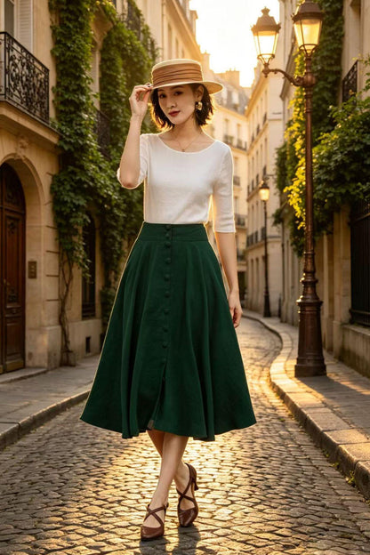 Dark Green Midi Linen Skirt, Button Front High Waist Circle Skirt with Pockets, Travel Breezy Summer A-Line Skirt, Xiaolizi 6809