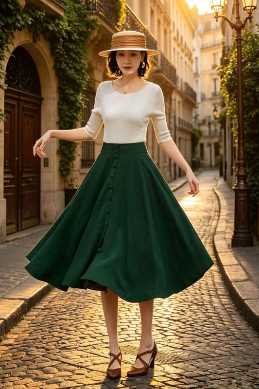 Dark Green Midi Linen Skirt, Button Front High Waist Circle Skirt with Pockets, Travel Breezy Summer A-Line Skirt, Xiaolizi 6809