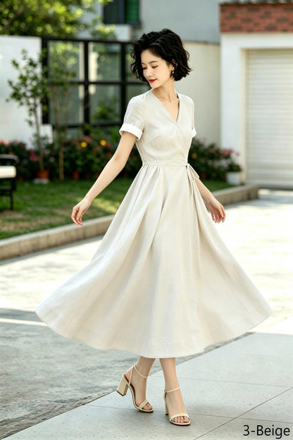 French Retro Blue Linen Wrap Dress - Midi Swing Dress with Pockets - Custom Summer Garden Party Dress, Xiaolizi 6790