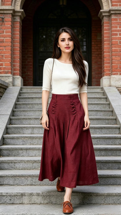 Dark Green Linen Midi Skirt with Pockets, Elastic Back High Waisted Skirt, Side Zipper Cotton Linen A-Line Skirt, Forest Green Gift 1505#