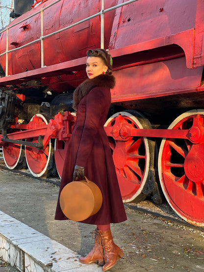 Burgundy Wool Princess Coat – Handcrafted Vintage Fit and Flare Long Winter Coat 4724
