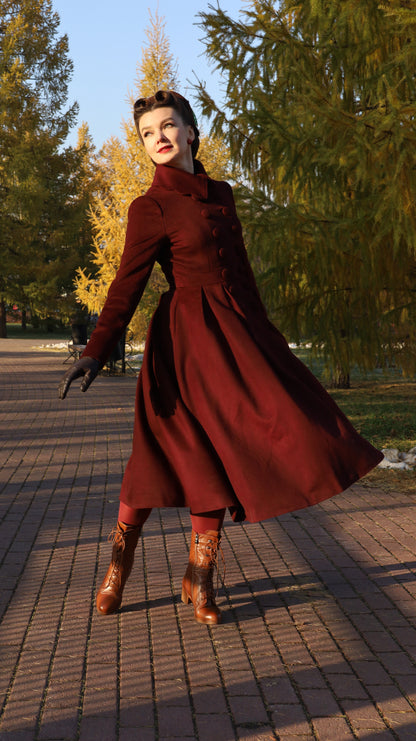 Burgundy Wool Princess Coat – Handcrafted Vintage Fit and Flare Long Winter Coat 4724