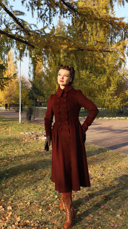 Burgundy Wool Princess Coat – Handcrafted Vintage Fit and Flare Long Winter Coat 4724