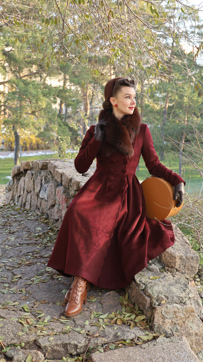 Burgundy Wool Princess Coat – Handcrafted Vintage Fit and Flare Long Winter Coat 4724