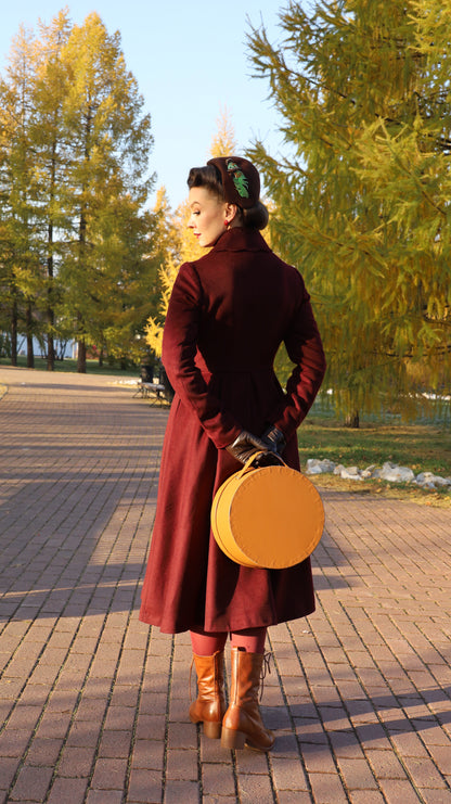 Burgundy Wool Princess Coat – Handcrafted Vintage Fit and Flare Long Winter Coat 4724