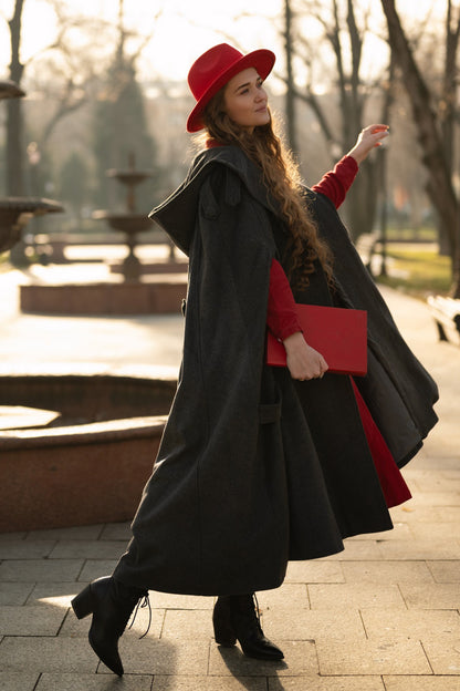 Dark Gray Wool Cape Coat - Hooded Double Breasted Mid-Calf Length 4860
