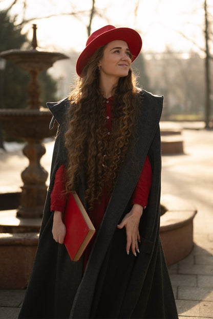 Dark Gray Wool Cape Coat - Hooded Double Breasted Mid-Calf Length 4860