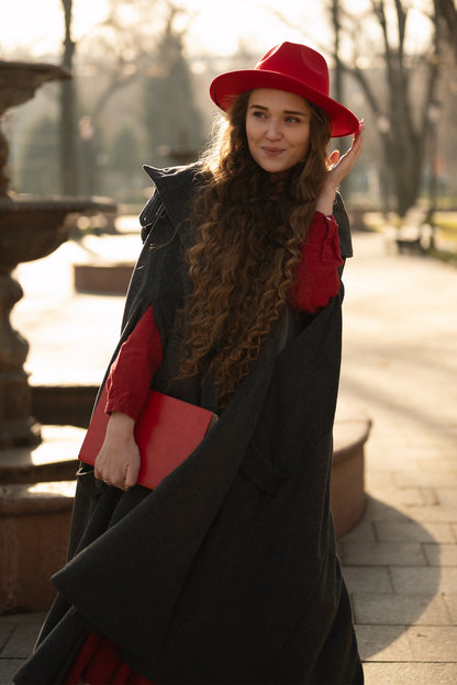Dark Gray Wool Cape Coat - Hooded Double Breasted Mid-Calf Length 4860