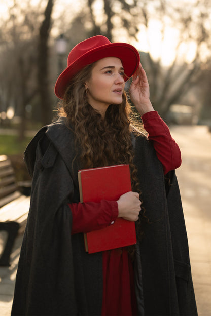 Dark Gray Wool Cape Coat - Hooded Double Breasted Mid-Calf Length 4860