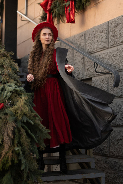 Dark Gray Wool Cape Coat - Hooded Double Breasted Mid-Calf Length 4860