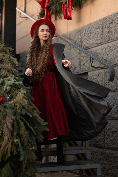 Dark Gray Wool Cape Coat - Hooded Double Breasted Mid-Calf Length 4860