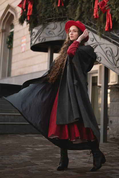 Dark Gray Wool Cape Coat - Hooded Double Breasted Mid-Calf Length 4860