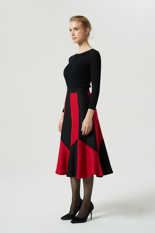 Elegant Colorblock Wool Skirt – Handmade Red and Black A-Line Midi | Xiaolizi 1983