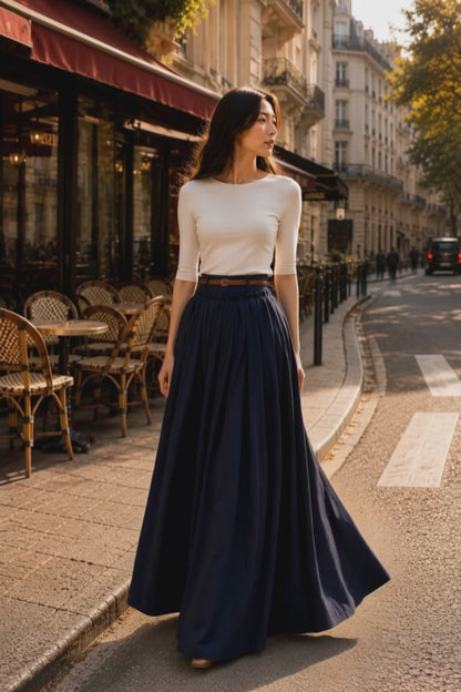 Handmade Navy Blue Linen Maxi Skirt – High Waist with Pockets 1046