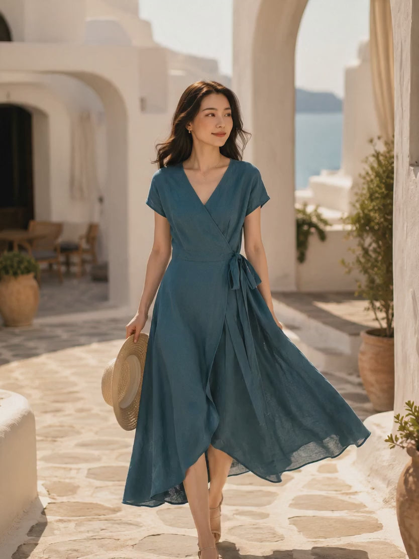 Green Linen Wrap Midi Dress with A-Line Silhouette and V-Neck