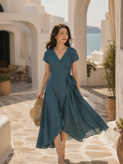 Green Linen Wrap Midi Dress - A-Line Silhouette with V-Neck 5142