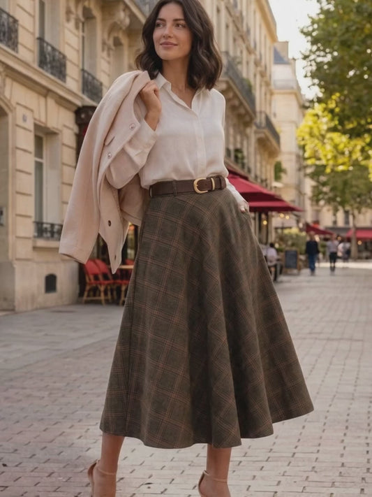 Brown Plaid Wool Maxi Skirt – Vintage High Waist Winter Long Skirt with Pockets 3102